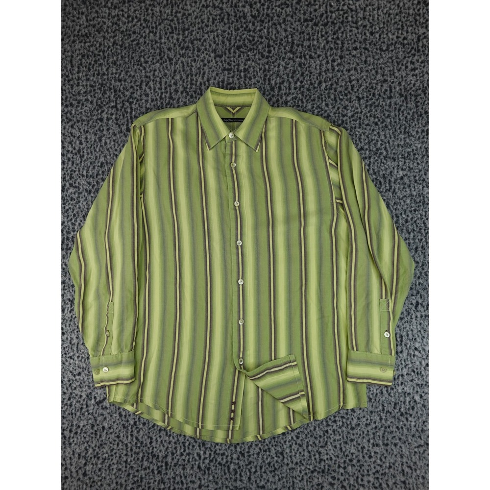 Indigo Palms Button‎ Down Shirt Mens Medium Green Striped Tencel Lyocell